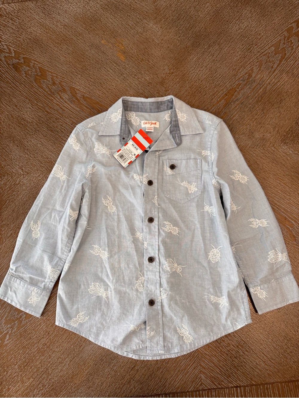 NWT Cat & Jack Button Down Shirt XS(4/5)   Long Sleeve Light Blue White Insects